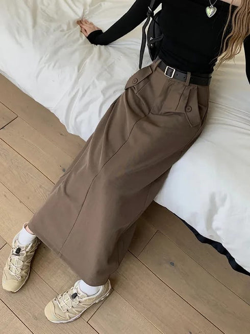 Casual Full Length Side Pocket Loose Skirts With Belt